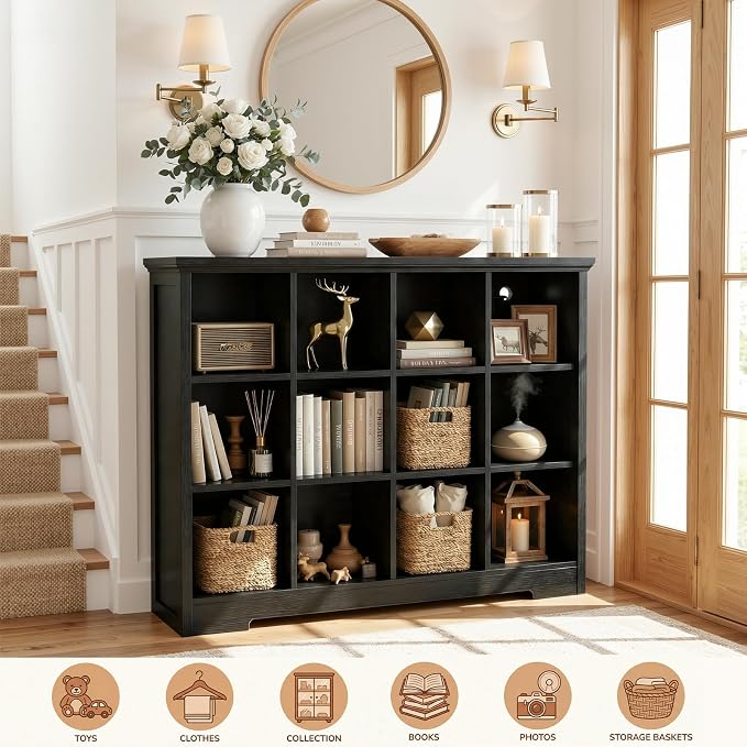 Aheaplus Wooden 12-Cube Storage Organizer with Charging Ports, Modern Cube Bookcase with Base, 4-Tier Floor Standing Open Cubbies Bookshelf, Cubicle Display Shelf for Home and Office, Black