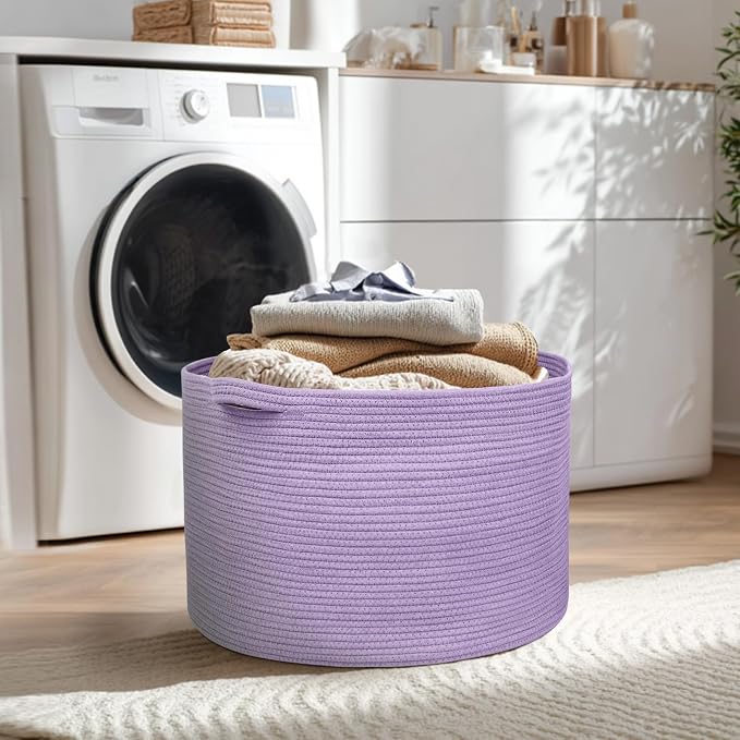 115L Extra Large Purple Storage Basket, 23.6" X 15.7" Jumbo Woven Cotton Rope Bin for Throw Blankets Pillows, Baby Laundry Basket, Dirty Clothes Organizer, Big Storage Box for Toys, Towels