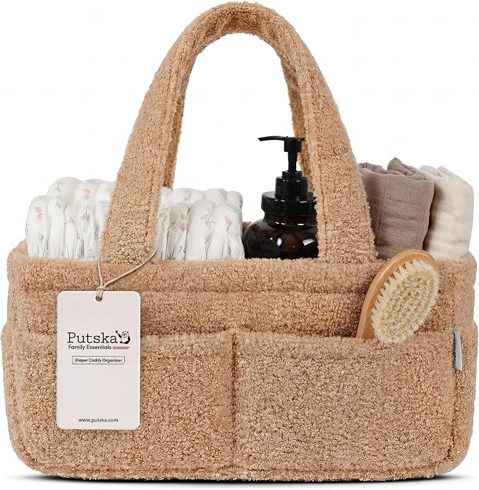 PUTSKA Baby Diaper Caddy Organizer, Nursery Basket, Brown Fleece