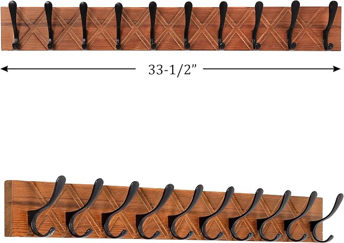 SKOLOO Coat Rack Wall Mount - Antique Wooden Carved- X Cross Coat Hook, Wall Coat Hanger with 10 Hooks for Hanging Coats, Hats, Clothing, Scarfs, Brown & Black