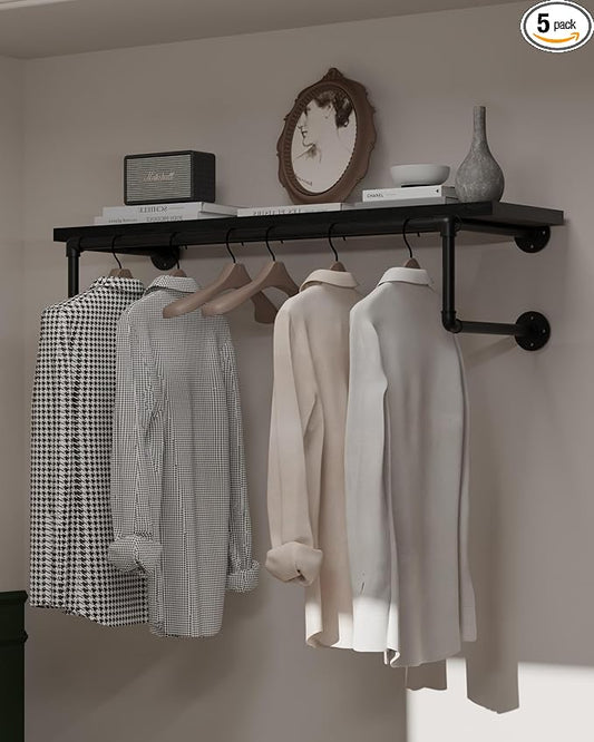 Clothes Rack 36in, Wall Mounted Garment Racks with Real Black Wood Shelf, Heavy Duty Hanging Clothes Rack, Multi-Purpose Hanging Rod, Space-Saving Closet Storage