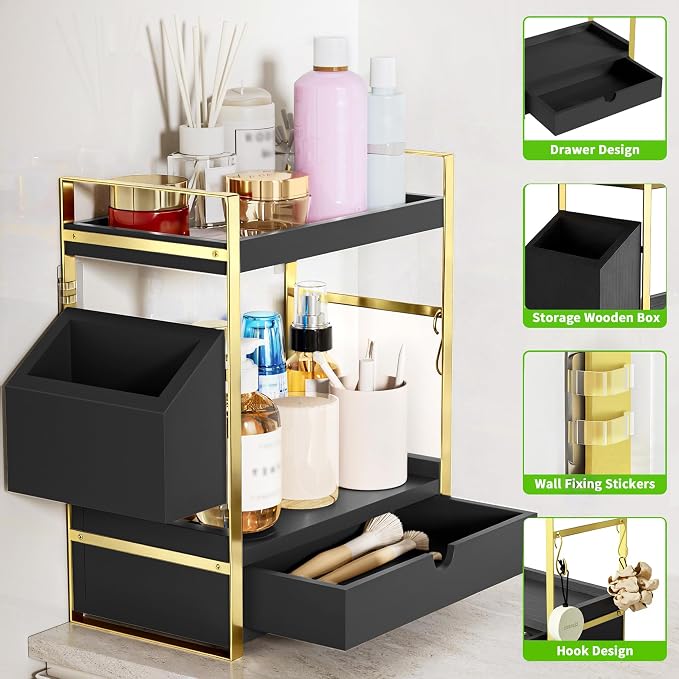 2-Tier Bathroom Counter Organizer, Wooden Vanity Shelf with Drawer & Basket | Pre-Drilled Holes, Skincare & Makeup Countertop Organizer and storage, Black-gold