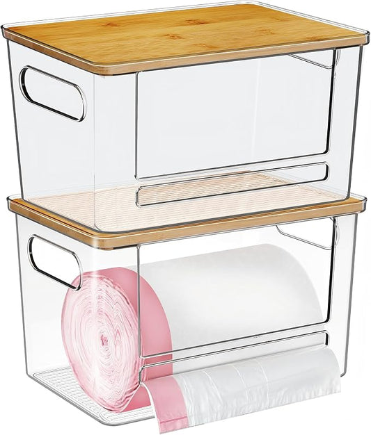 Trash Bag Dispenser 2 Pack - Under Sink Organizer, Plastic Bag Holder | Stackable Acrylic Garbage Bag Storage with Bamboo Lid for Kitchen Cabinet, 13/30/33 Gallon Grocery Bag Dispenser