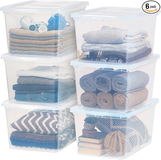 IRIS USA 6-Pack 58 Qt Storage Bins with Lids, Clear, Stackable | Perfect for moving, blankets, clothing and garage storage, nestable design, transparent design makes contents easy to find