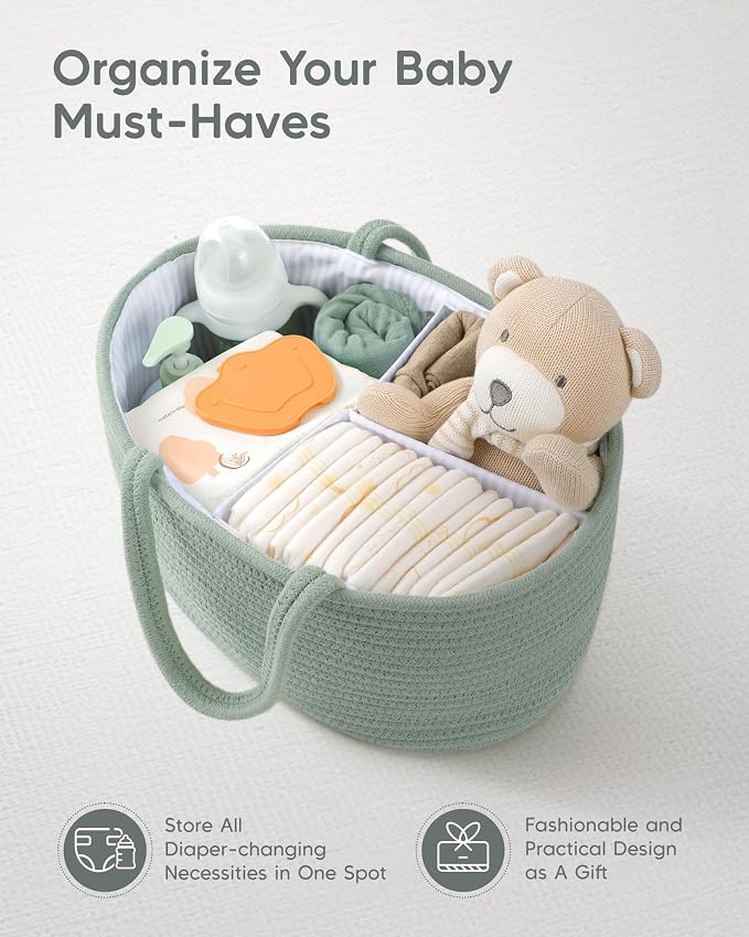 Maliton Diaper Caddy Organizer for Baby, Portable Diaper Storage Organizer for Changing Table and Car, Cotton Rope Nursery Storage Bin Basket for Baby Shower, Newborn Essentials Must Haves - Green