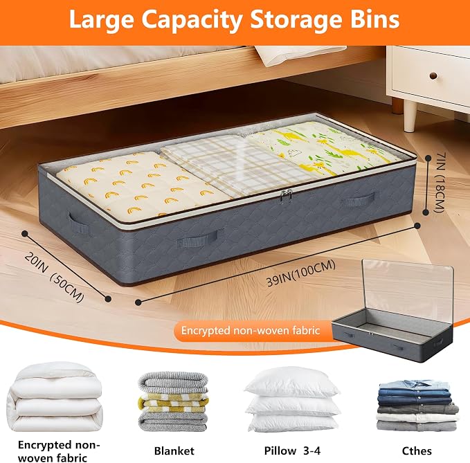 90L Under Bed Storage Containers,2-Pack Closet Organizer Storage Bins,Grey | for Organization and Storage Clothes, Shoes, Blankets & Pillows,Visible Transparent Top Storage Bins with Lids