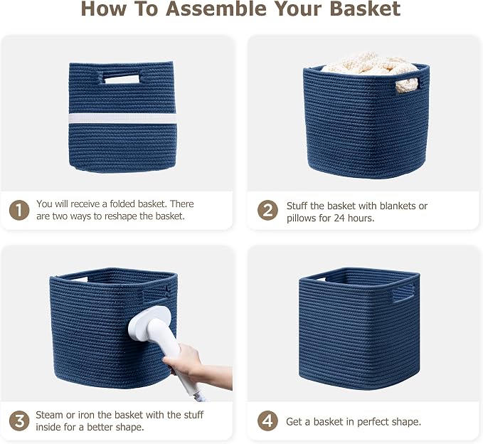 UBBCARE Set of 4 Storage Basket-11 X 10.5 X 10.5 In, Cotton Rope Basket for Shelves, Toys, Book, Cube Storage Bins with Handles, Woven Storage Basket for Organizing, Navy Blue