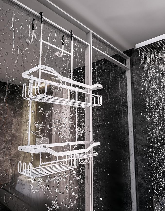 HapiRm Hanging Shower Caddy Over the Door with Soap Holder, No Drilling Adhesive Shower Organizer with 11 Hooks, Rustproof & Waterproof 304 Stainless Steel Bathroom Shelves - White