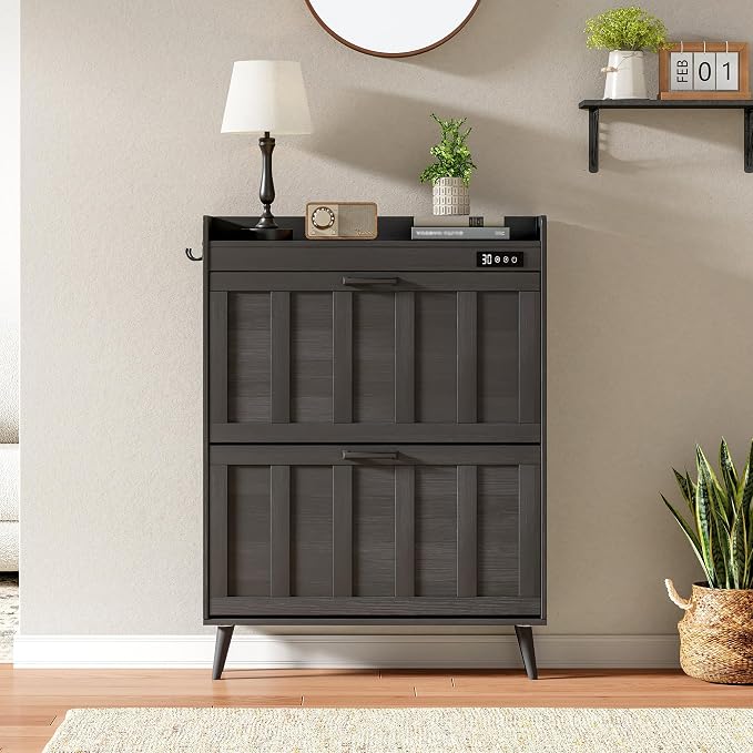 ChooChoo Shoe Storage Cabinet with 2 Flip Drawers and Deodorizer | Shoe Organizer Storage for Entryway, Freestanding Hidden Slim Narrow Shoe Rack Cabinet, Black
