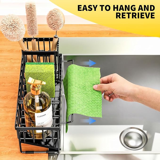 Cisily Kitchen Sink Caddy Organizer with High Brush Holder, Sponge Holder for Sink, 304 Rustproof Stainless Steel, Countertop Soap Dispenser Organizer, Black with Towel Rack, 9.25