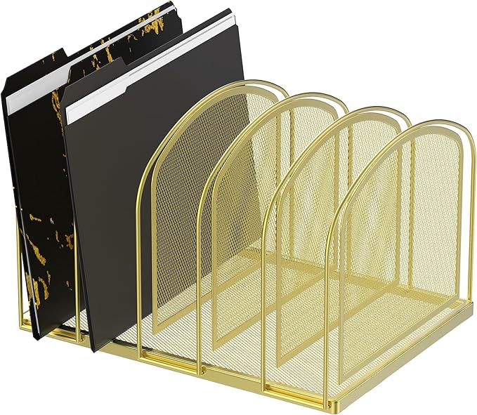 SUPEASY 5-Section File Organizer for Desk, Metal File Folder Holder, Gold | 5 Vertical Compartments with Sturdy Metal Base for Office Documents Books Magazines and Laptop