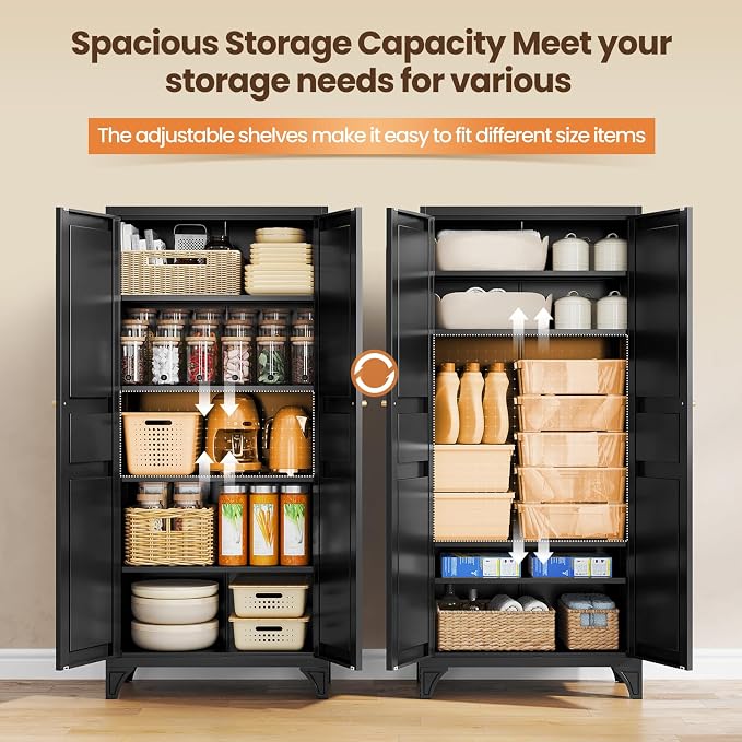 Yizosh Metal Storage Cabinet with 2 Doors and 4 Adjustable Shelves - 71" Black Kitchen Pantry Storage Cabinet,4-Tier Tall Steel Cabinet Locker for Living Room,Dining Room,Kitchen