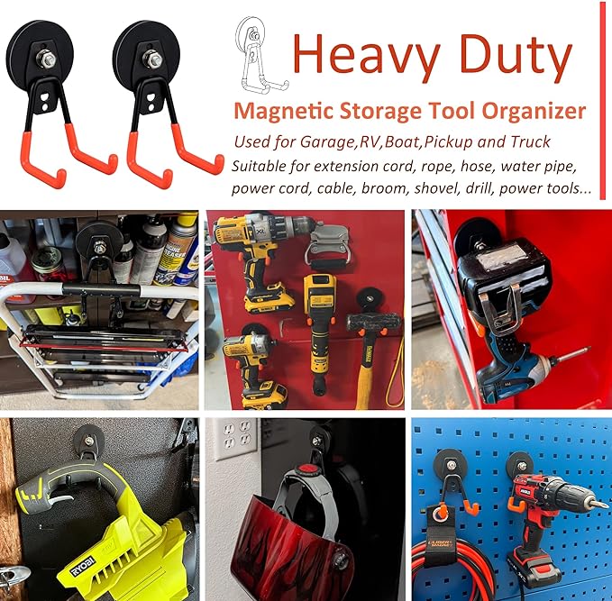 ULIBERMAGNET Heavy Duty Magnetic Garage Hooks,4 Pack Strong Large Magnet Hooks for Power Drill,Garden Tools,Hose,Pegboard,Garage, Workshop,Magnetic Storage Hooks for Indoor Outdoor Hanging(Orange)