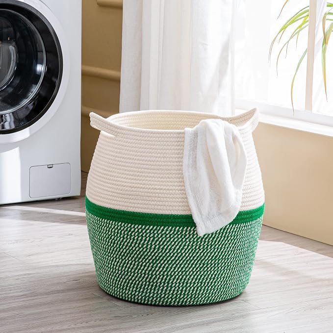 KAKAMAY Woven Baskets for Storage(17"x17"),Large Cotton Rope Woven Baby Laundry Hamper,Collapsible Laundry Basket, Blanket Basket for Organizing Living Room,Nursery,Pillows,Toy Chest(Green)