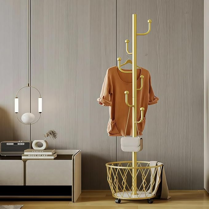 Gold Moveable Cactus Metal Coat Rack with Basket Freestanding 65inch | Modern Organizer for Scarf Jacket Hat Bags Ideal for Home Entryway Bedroom Corner Stable