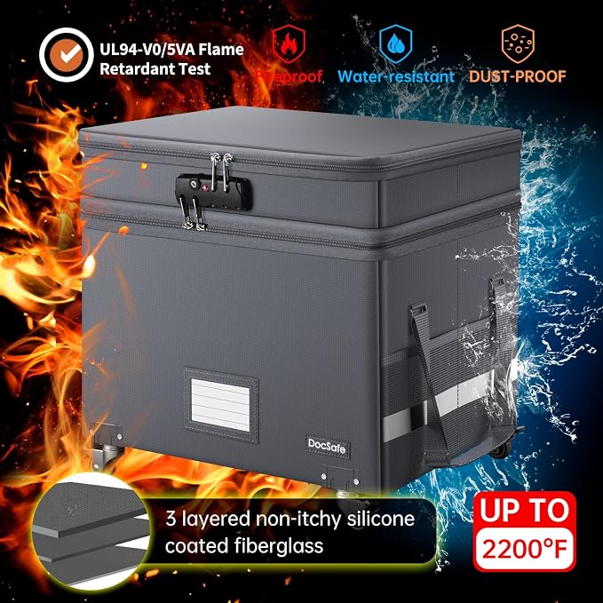 DocSafe Fireproof Document Box with Lock,2-Layer File Box with Wheels,Collapsible File Storage Organizer with Pockets,Large Portable Office Filing Cabinet for Hanging Folders,Gray,16''x13.8''x12.2''