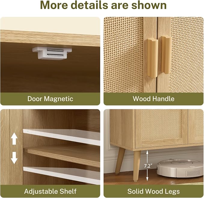 Iwell Storage Cabinet with 2 Shelves, Rattan Cabinet with 2 Doors, Sideboard Buffet Cabinets with Storage for Living Room, Dining Room, Entryway, Natural