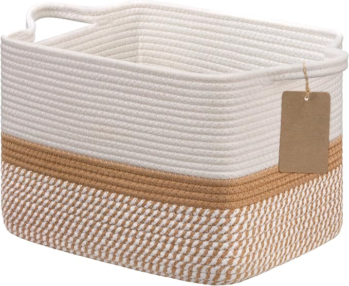 Goodpick Small Woven Rope Storage Basket, White & Camel Mix | 13 × 10 × 9 in, Cotton Rope, Reinforced Handles, Dog Toys, Books & Magazines Storage, Home Decor
