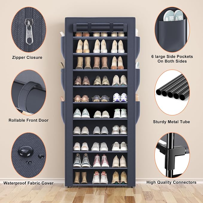 OYREL Shoe Rack Dustproof 10 Tier Tall Large Storage with 6 Storage Pocket | Space Saving Fabric Cover Shoe Organizer Shelf for Closet, Bedroom, Garage, Entryway, Narrow Free Standing Cabinet Holder