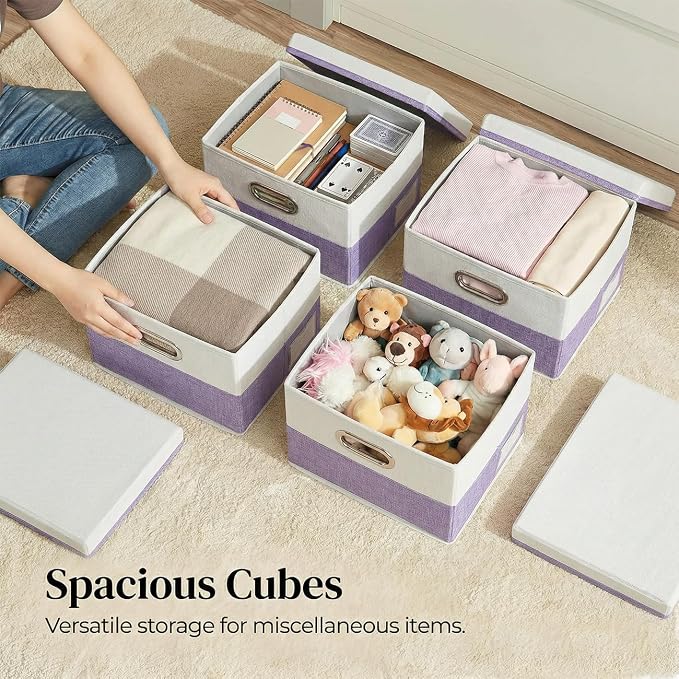 PRANDOM Storage Bins with Lids [3-Pack] Linen Fabric Foldable Storage Boxes Organizer Containers Baskets Cube with Cover for Bedroom Closet Office Purple&White（11.4X8.6X6.7