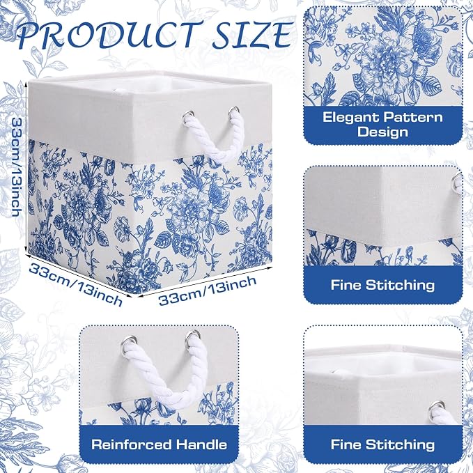 LemonRoad 6 Pcs Blue Floral Cube Storage Bins 13 Inch Square Storage Basket with Handle Preppy Girl Organizer Basket Collapsible Fabric Box for Classroom Bedroom Office Home Decoration Gift