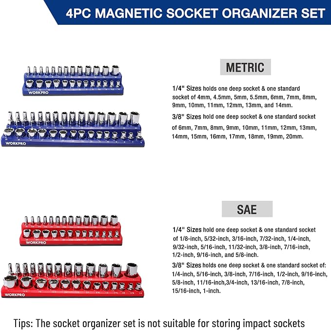 WORKPRO Magnetic Socket Organizer Set, 4-Piece Metric SAE Socket Holder Set | 1/4", 3/8", Drive Socket Trays, Holds 108-Piece Sockets, Suitable for Standard and Deep Sockets, Sockets not Included