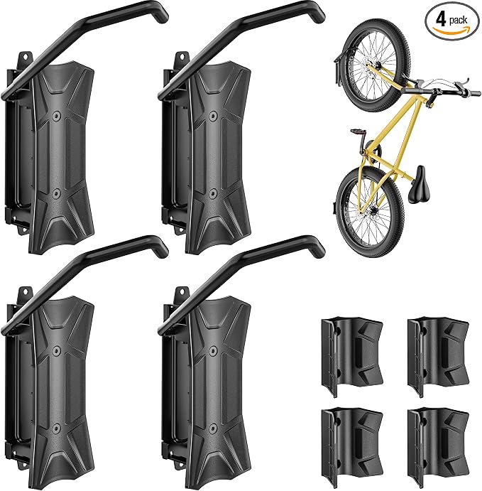 monTEK Swivel Bike Wall Mount for Fat Tire, Up to 4.5" Tire Width, 4 Pack | Swivel Bike Wall Hanger, Holds Up to 77lbs, Space-Saving Bike Rack, Heavy Duty Bike Storage for Garage Tool Room Storehouse