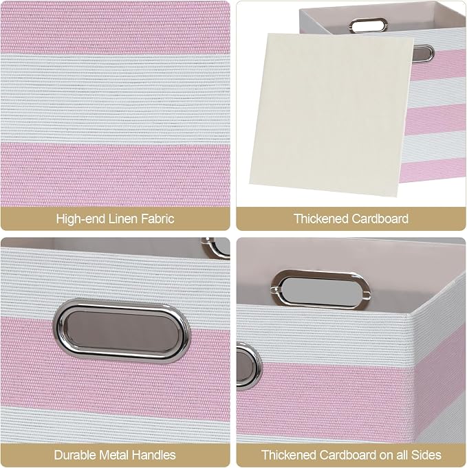 Posprica Storage Bins Storage Cubes,13×13 Collapsible Storage Boxes Containers Organizer Baskets for Nursery,Office,Closet,Shelf - 4pcs,Pink-white Striped
