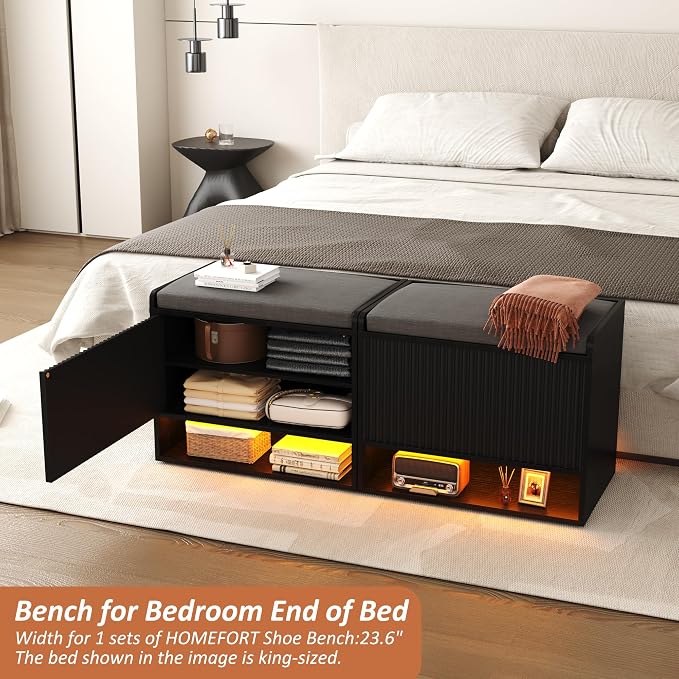 HOMEFORT 23.6" Fluted Shoe Storage Bench, Small Entryway Bench with Linen Seat Cushion, Shoe Cabinet Bench with Adjustable Shelf and Built-in LED Sensor Light, Bench for Bedroom End of Bed,Black