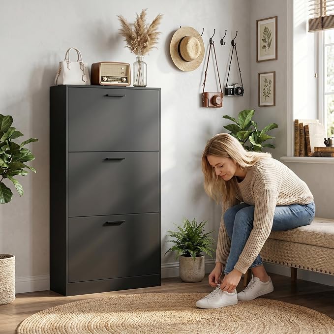 Shoe Cabinet with 3 Flip Drawers, Narrow Freestanding Shoe Organizer, Hidden Slim Shoe Storage Cabinet for Entryway, Hallway, Living Room, Black
