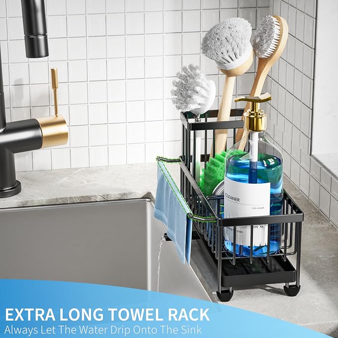 Cisily Sponge Holder for Kitchen Sink, Sink Caddy Organizer with High Brush Holder, Kitchen Countertop Organizers and Storage Essentials, Rustproof 304 Stainless Steel (Black with Towel Rack, 9.25″)