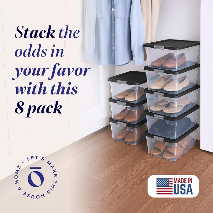 HOMZ 8-Pack Snaplock, Small Clear Plastic Storage Organizer Bins with Lids, 15 Quart, Gray - Stackable Container Boxes for Bedroom, Bathroom, Garage, and Office Organization