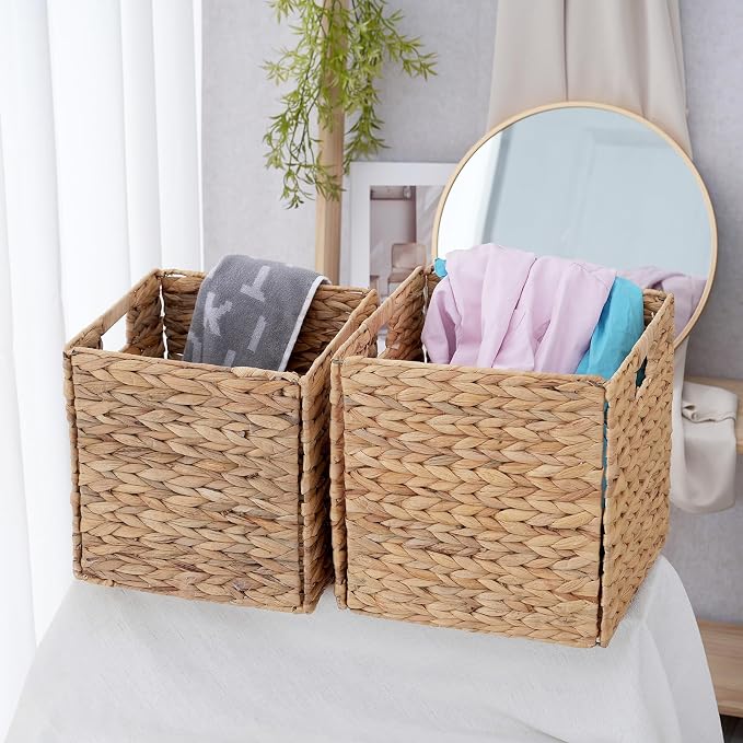 Wicker Storage Cubes, Foldable Storage Bins, 12x12x12 Inch, 2-Pack | 2-pack 12x12x12" foldable water hyacinth wicker cubes; collapsible storage bins for shelves, closets and home organization.