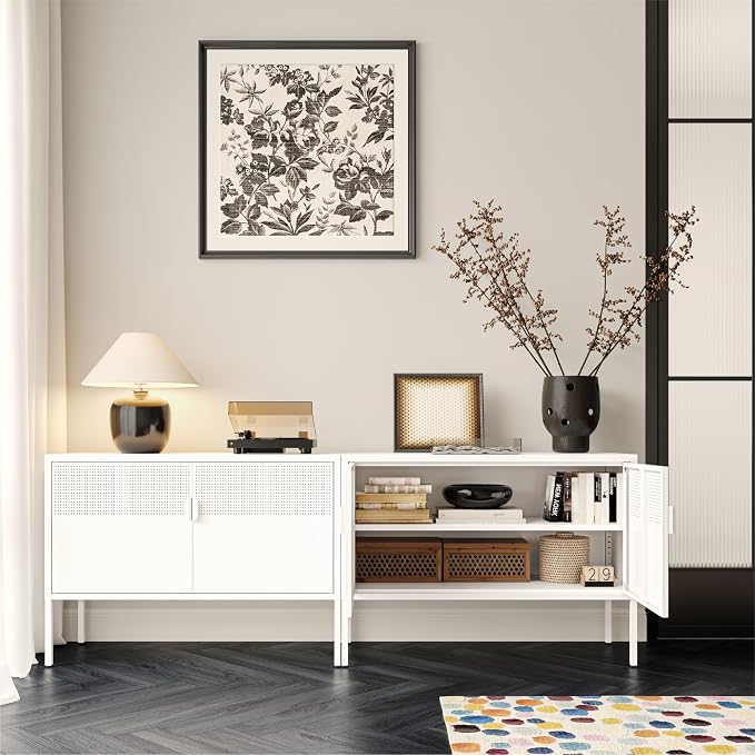 COFaR TV Stand for TVs up to 75 Inch, 40''L Media Console with Ventilation Doors, Metal Entertainment Center with Adjustable Shelves & 120Lbs Storage for Living Room & Bedroom, White