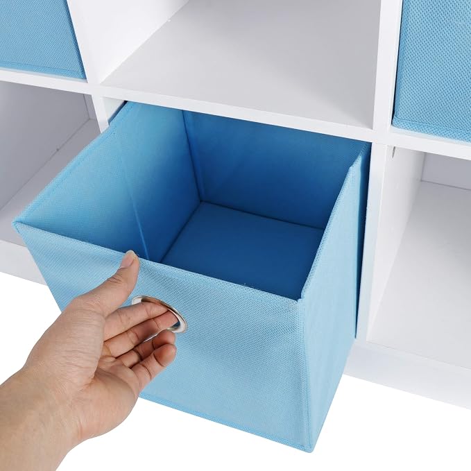 SUPER DEAL 6 Cube Storage Organizer 2 Tier Bookshelf with 3 Bins 3 x 2 Wood Open Shelf Cubby Bookshelves System Wide Toy Cabinet for Bedroom Living Room Kids, White/Light Blue 31.5 in Wide