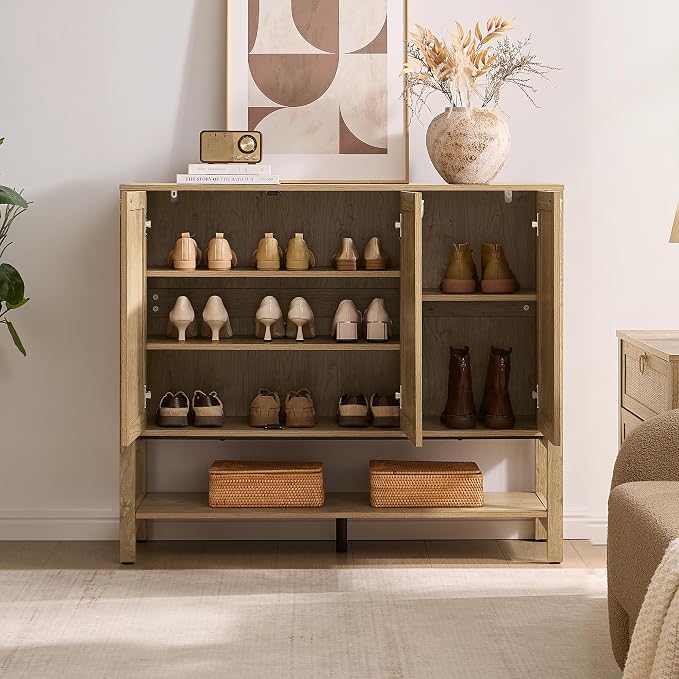 SICOTAS Rattan Shoe Cabinet with Storage, 30 Pairs Boho Shoe Organizer | Tall Farmhouse Shoe Rack Cabinet with 3 Doors & Adjustable Shelves for Entryway, Hallway, Living Room, Closet