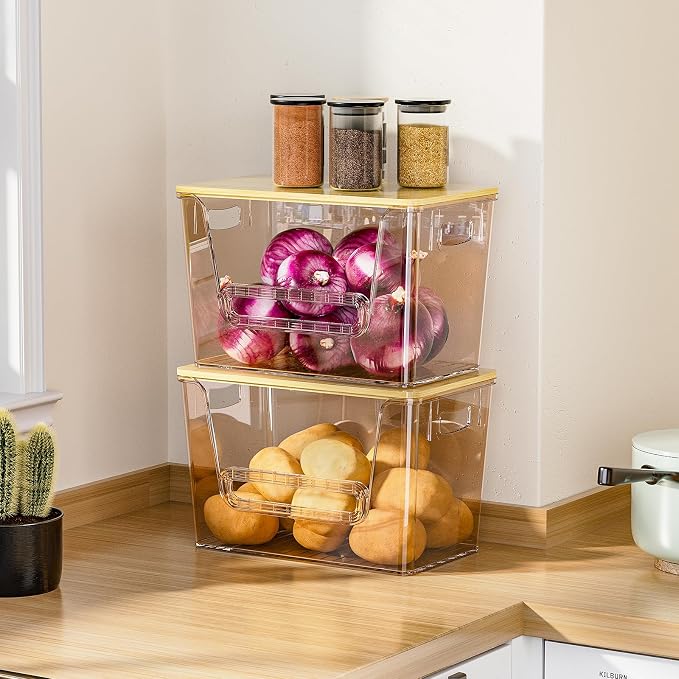 Delamu 2 Set Pantry Organizers and Storage,Trash Bag Dispenser with Bamboo Top,Stackable Trash Bag Dispenser Under Sink Organizer for 4-30 GalBags,Onion,Potato,Fruits,Amber(11-7/32"L*7" W*7-1/8"H)