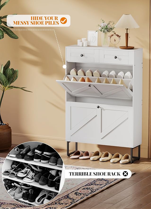 Shoe Storage Cabinet with 2 Flip Drawers & 2 Fabric Drawers, Farmhouse Hidden Shoe Organizer Cabinet with Adjustable Panel and Hooks, Narrow Slim Shoe Cabinets for Entryway, Hallway, Porch