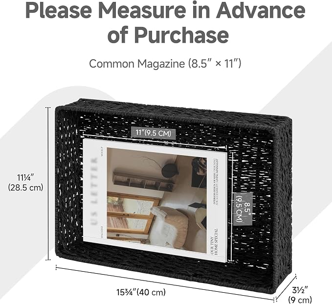 StorageWorks Large Toilet Paper Basket, Wicker Woven Trays for Decor, Black | Bathroom Vanity Tray for Countertop, Entryway, Shallow Bathroom Baskets, Wicker Storage Baskets for Shelves, Bedroom, 2 Pack