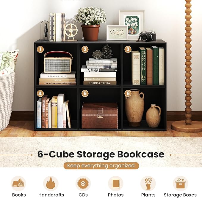 Giantex 6-Cube Bookcase, 3-Tier Cubby Bookshelf, Horizontal Vertical Display Rack with Anti-Tipping Kits, Modern Storage Organizer Shelf Unit for Bedroom, Living Room, Study Room, Black | Horizontal Vertical Display Rack with Anti-Tipping Kits, Modern ...