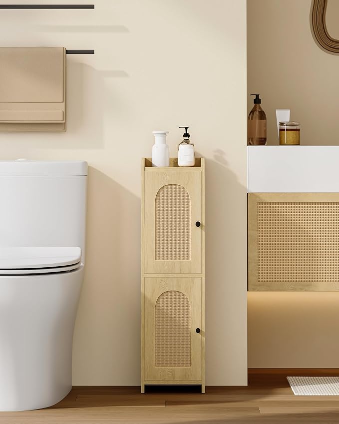 Hzuaneri Bathroom Storage Cabinet, Small Corner Floor Cabinet with 2 Doors | Narrow Toilet Paper Cabinets with Adjustable Shelf, Bathroom Organizer for Small Spaces, 7.9"D x 7.9"W x 29.5"H Rattan Yellow