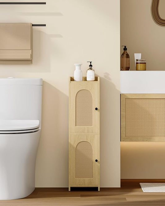 Hzuaneri Bathroom Storage Cabinet, Small Corner Floor Cabinet with 2 Doors | Narrow Toilet Paper Cabinets with Adjustable Shelf, Bathroom Organizer for Small Spaces, 7.9"D x 7.9"W x 29.5"H Rattan Yellow