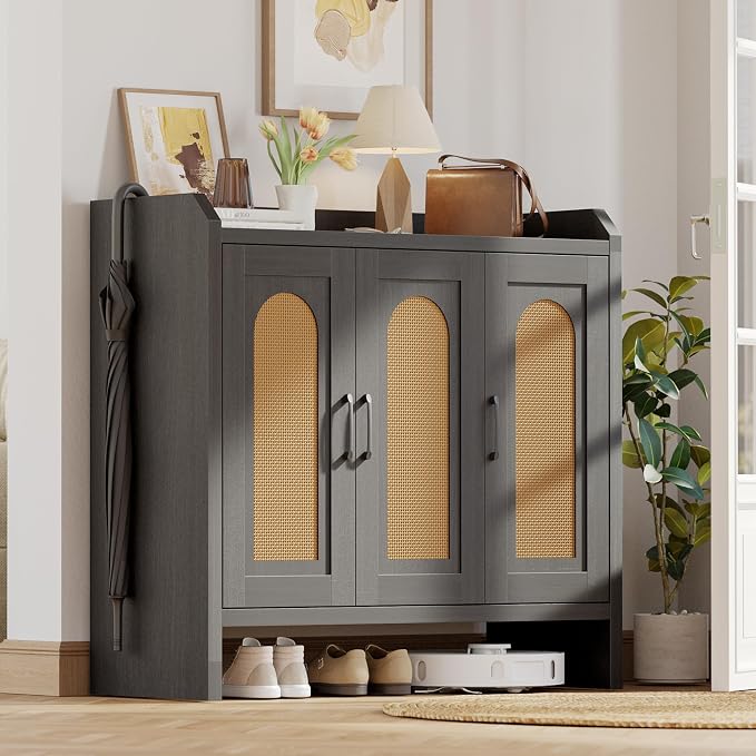 Rattan Shoe Storage Cabinet, Farmhouse Shoe Cabinets Storage for Entryway, Boho Wooden Shoe Rack with 3 Doors for Entryway, Hallway (Black, 3 Door)