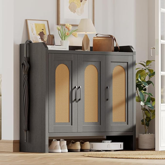Rattan Shoe Storage Cabinet, Farmhouse Shoe Cabinets Storage for Entryway, Boho Wooden Shoe Rack with 3 Doors for Entryway, Hallway (Black, 3 Door)