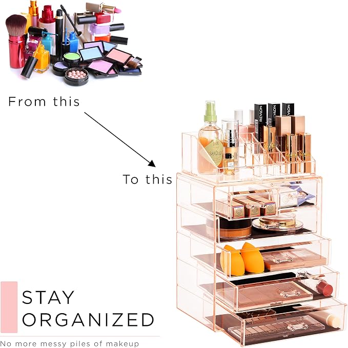 Sorbus Acrylic Makeup Organizer Set, 6-Drawer Vanity & Countertop Cosmetic Storage with Small & Wide Compartments, Pink Makeup Storage for Brushes, Jewelry – Holiday Gift for Women & Teens