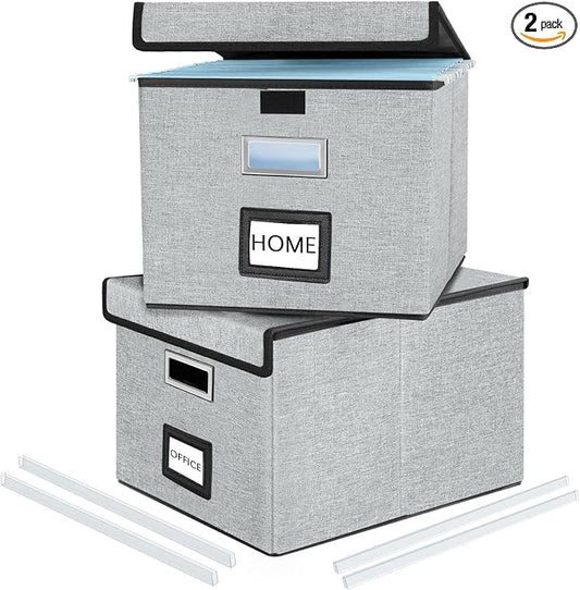 File Organizer Box with Lids, Collapsible File Folder Organizer | File Box with Plastic Slides for Office Document Storage, Filing Bin for Letter Size Hanging File Folders (2 Pack, Gray)