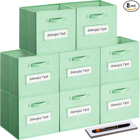 13x13x13 storage cube bins(Set of 8) Fabric storage cubes with 8 Labels Window Cards & a Pen, storage cubes 13x13, Collapsible 13 inch cube storage bins, Cubby Organizer Boxes, Grass Green