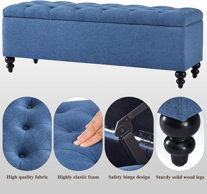 Storage Ottoman 50.2 Inches Upholstered Fabric Storage Ottoman Bench，Button Tufted Ottoman with Storage for Living Room，Bedroom End of Bed Bench Withstands 302lbs (Blue) | 47.2-inch storage ottoman with safety hinge, tufted upholstered seat and spaciou...