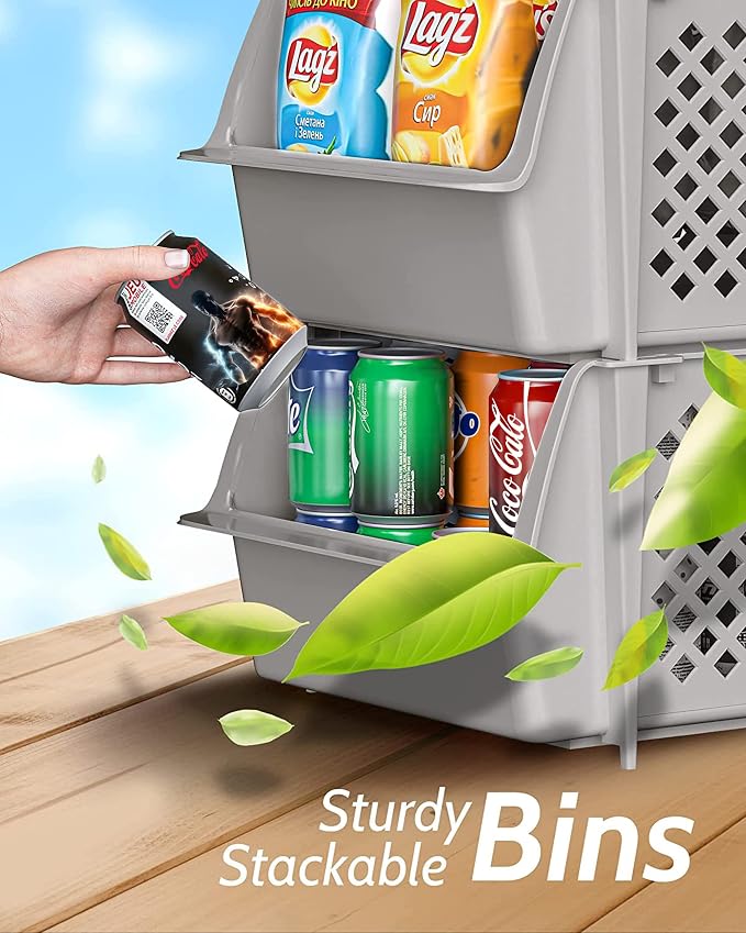 Stackable Storage Bins Open Front for Pantry Storage, 4 Pack - Light Grey | Sturdy Plastic, Easy Stacking, Open Front Access, Ventilated Sides, Vertical & Space Saving Pantry Organizers and Storage Bin