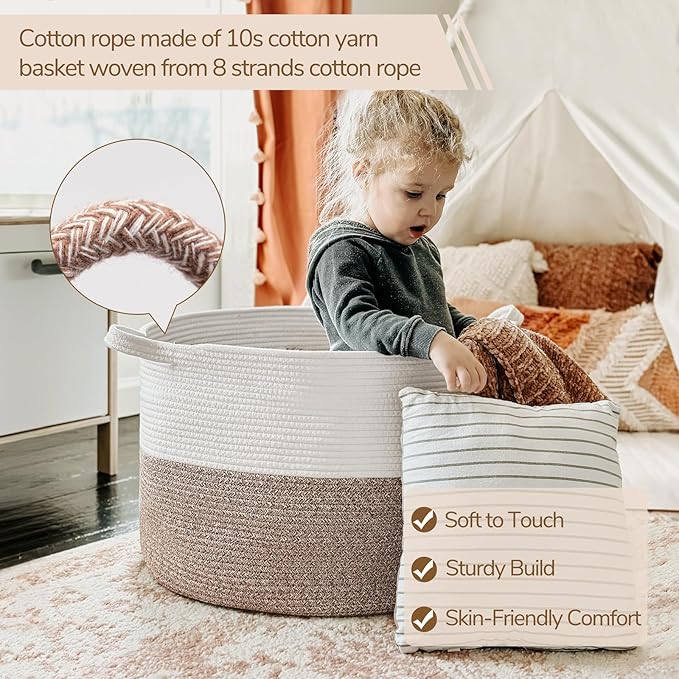 INDRESSME XXXLarge Woven Rope Blanket Basket Living Room Brown, 90L | 21.7" x 13.8" Storage baskets for toys laundry & pillows. Fits living room, bedroom or nursery décor. Soft-touch with handles